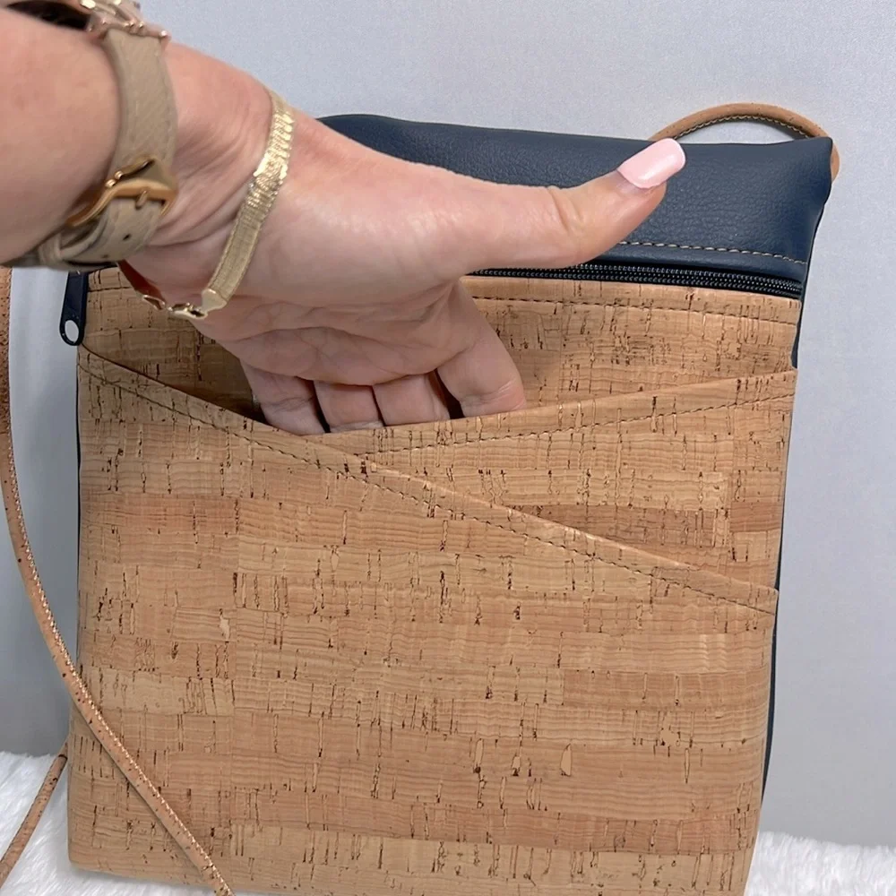 Natalie Therese Genuine Cork with Faux Navy Leather Medium Crossbody NWT - Picture 2 of 11